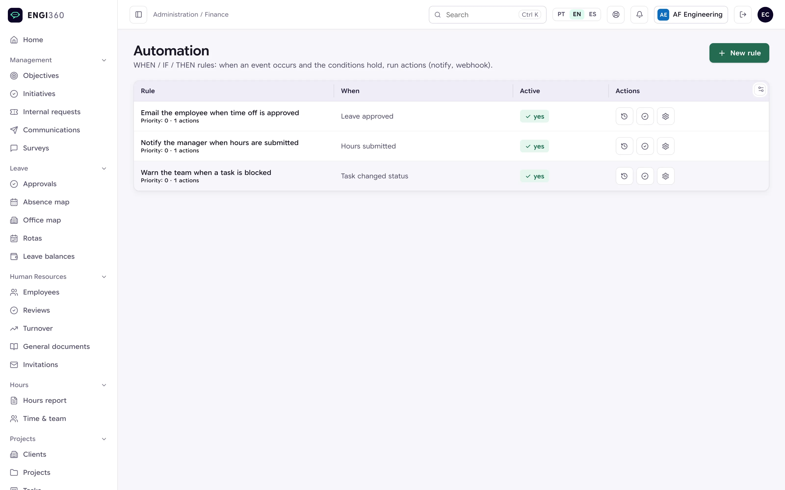 Automation rules in Engi360