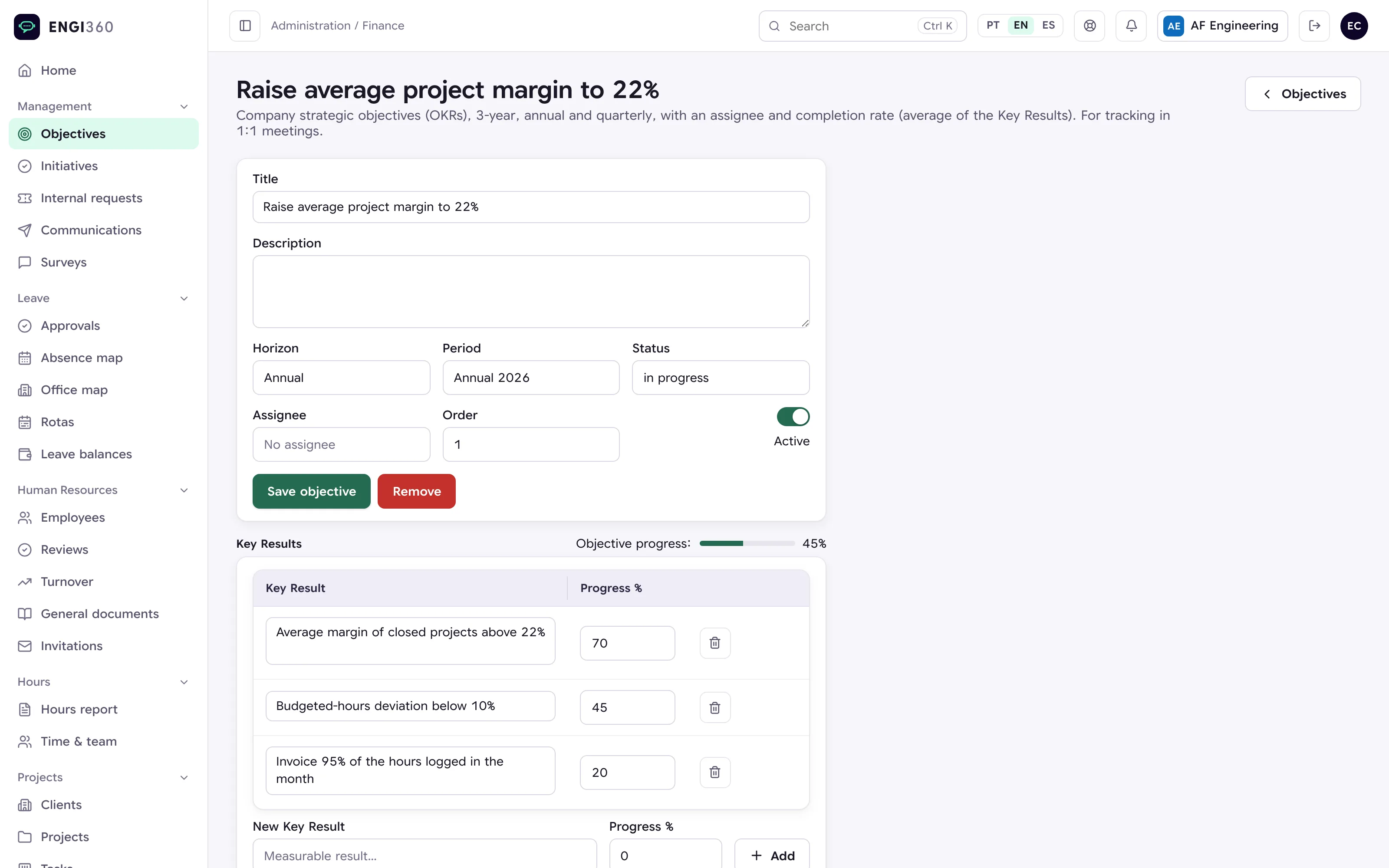Objectives and key results in Engi360