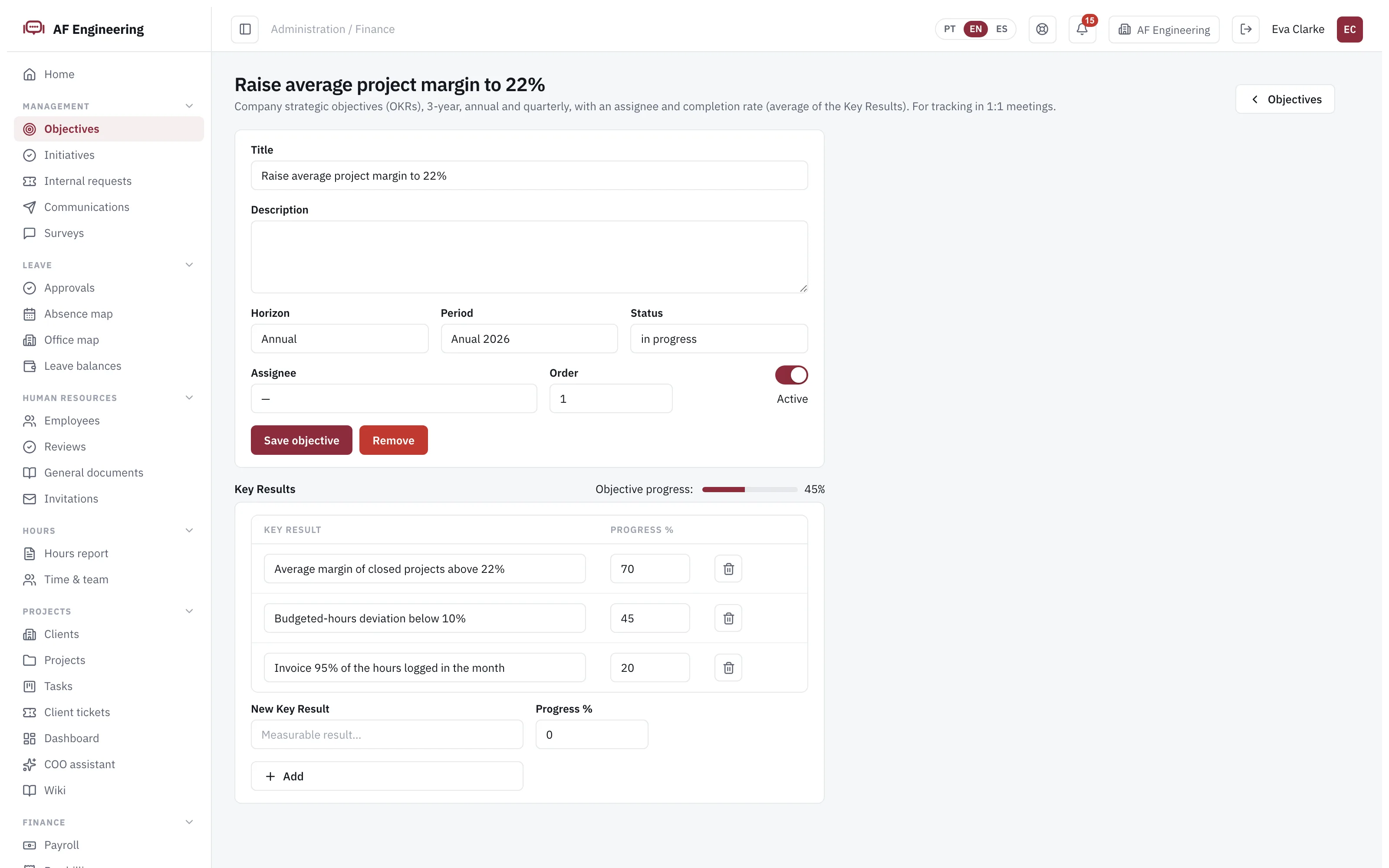 Objectives and key results in Engi360