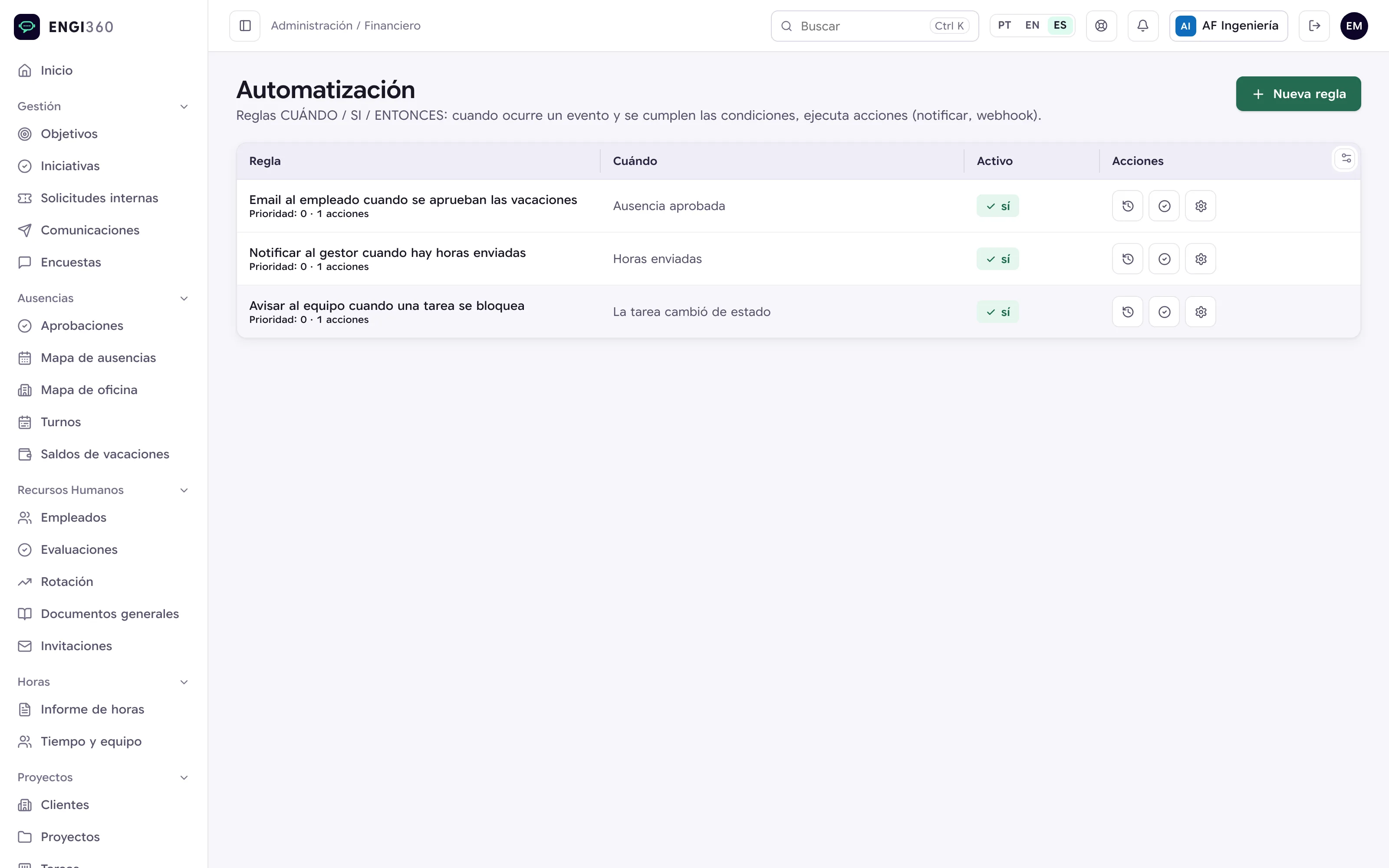 Reglas de automatización en Engi360