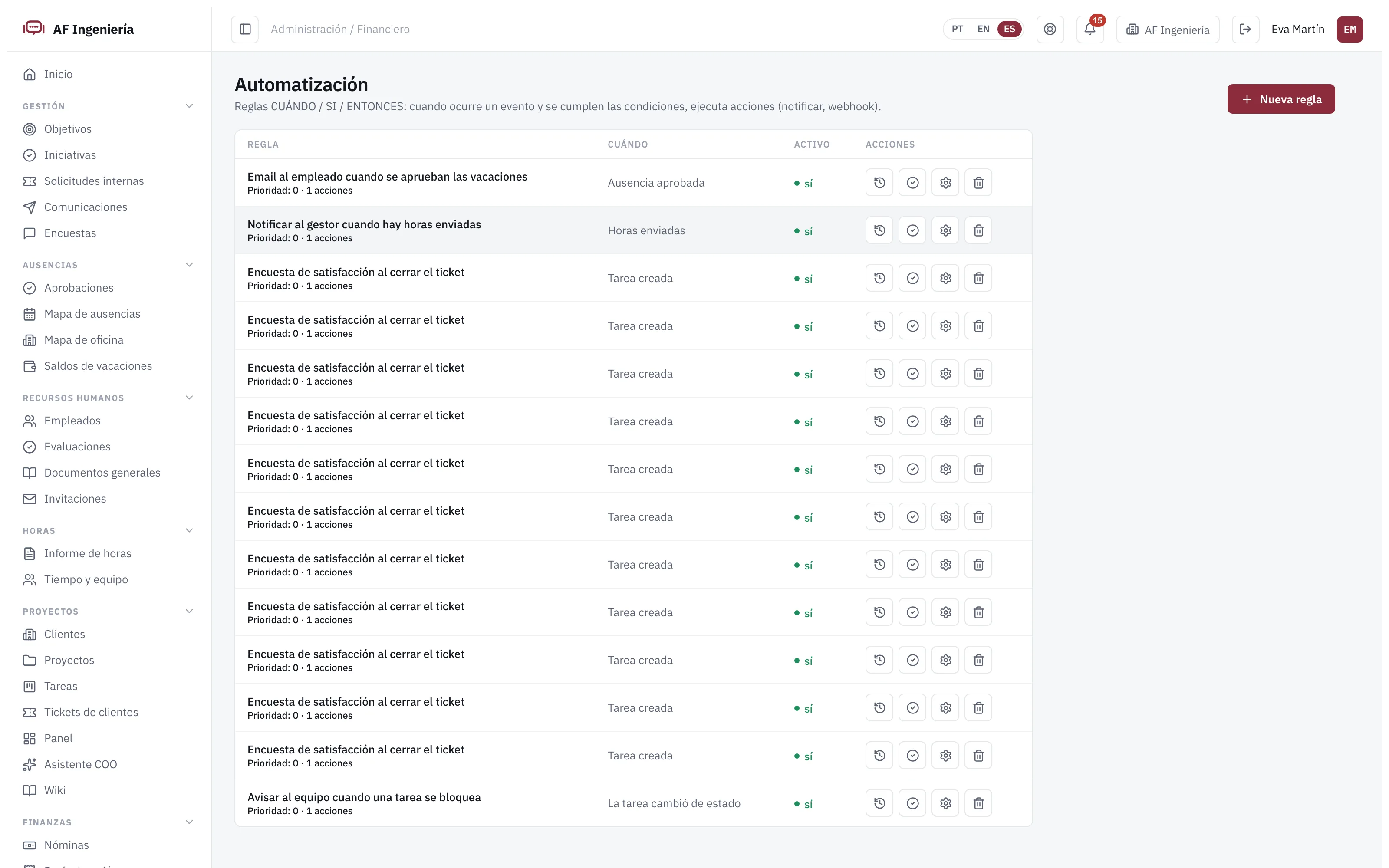 Reglas de automatización en Engi360