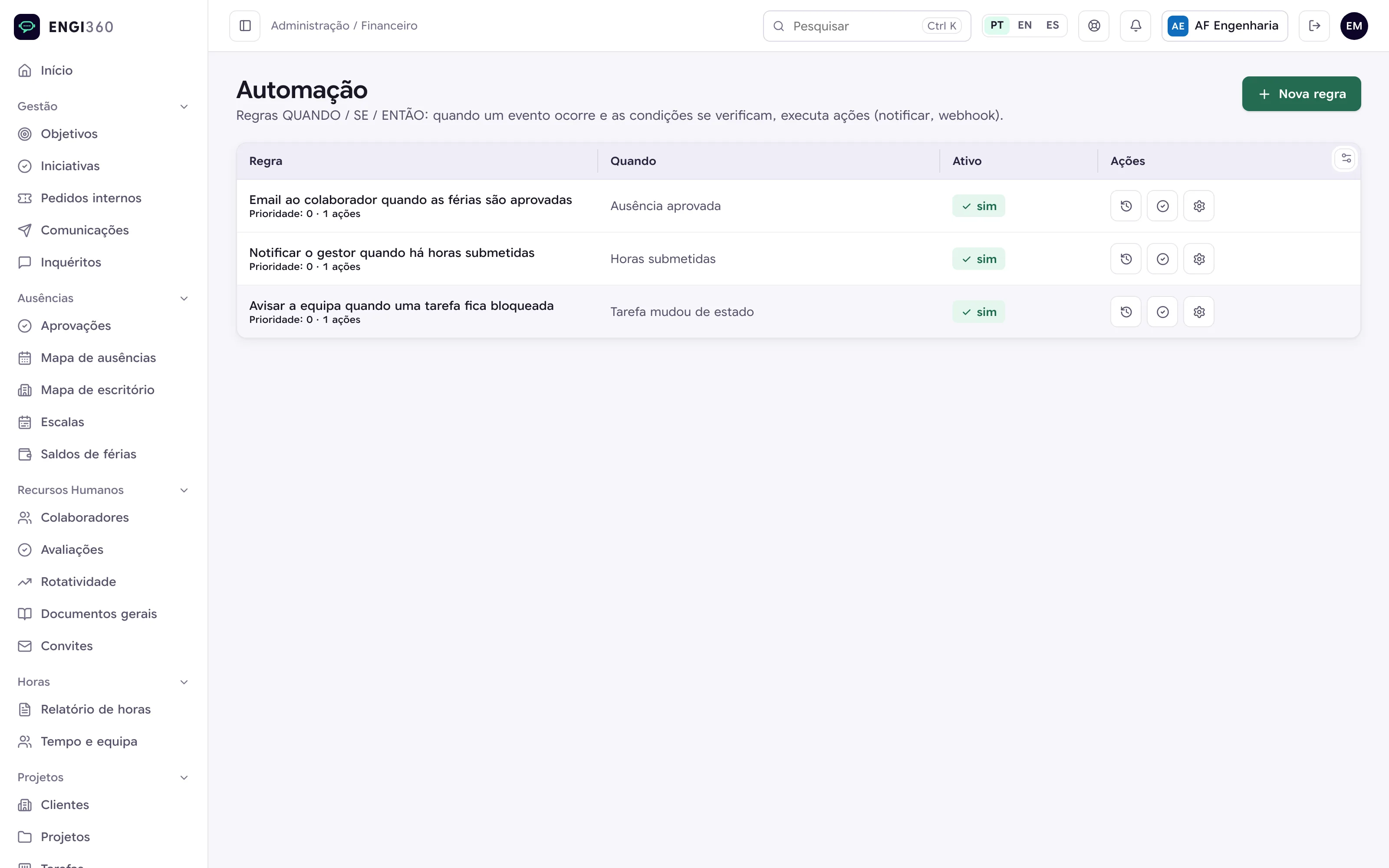 Regras de automação no Engi360