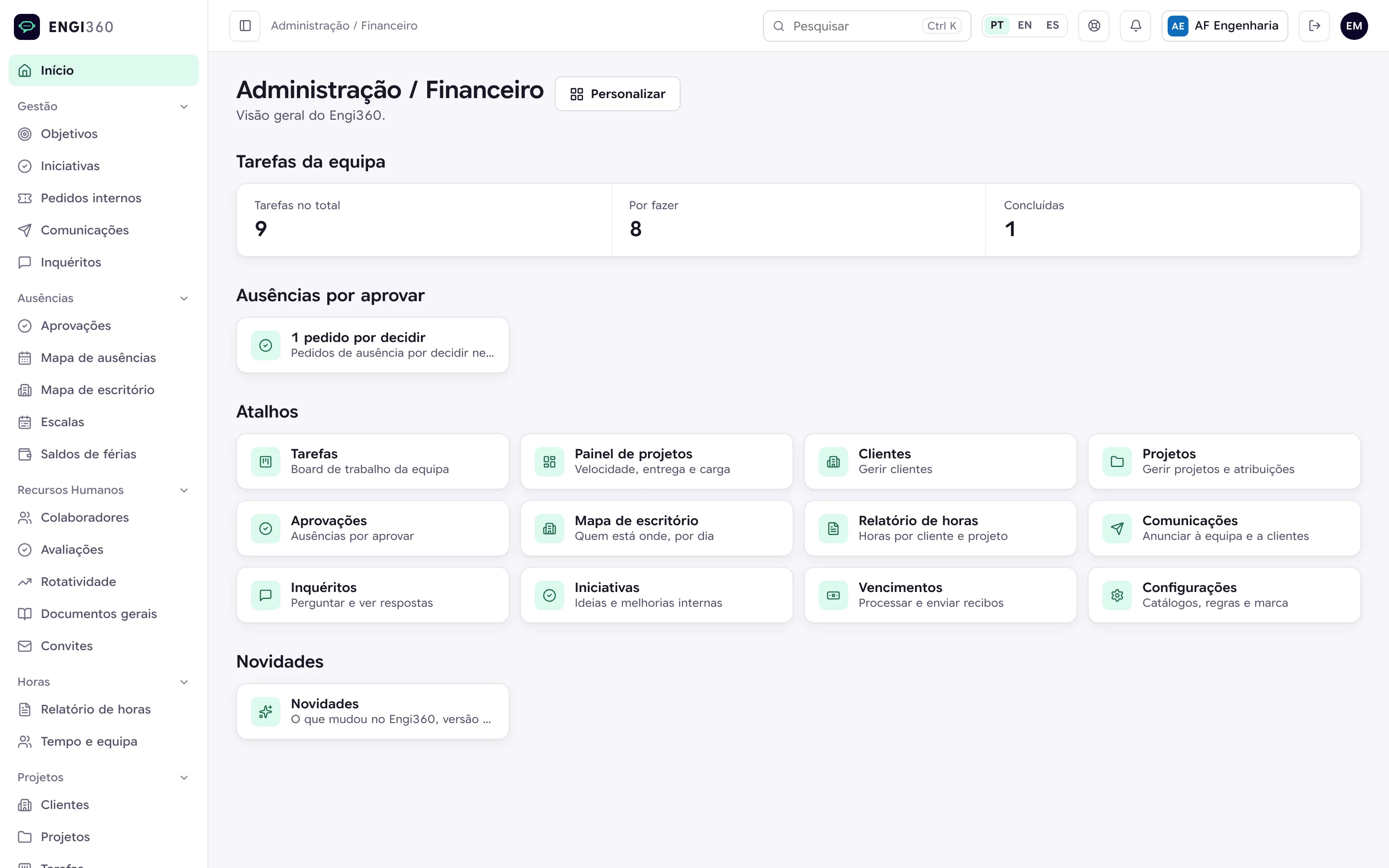 Painel de administração do Engi360