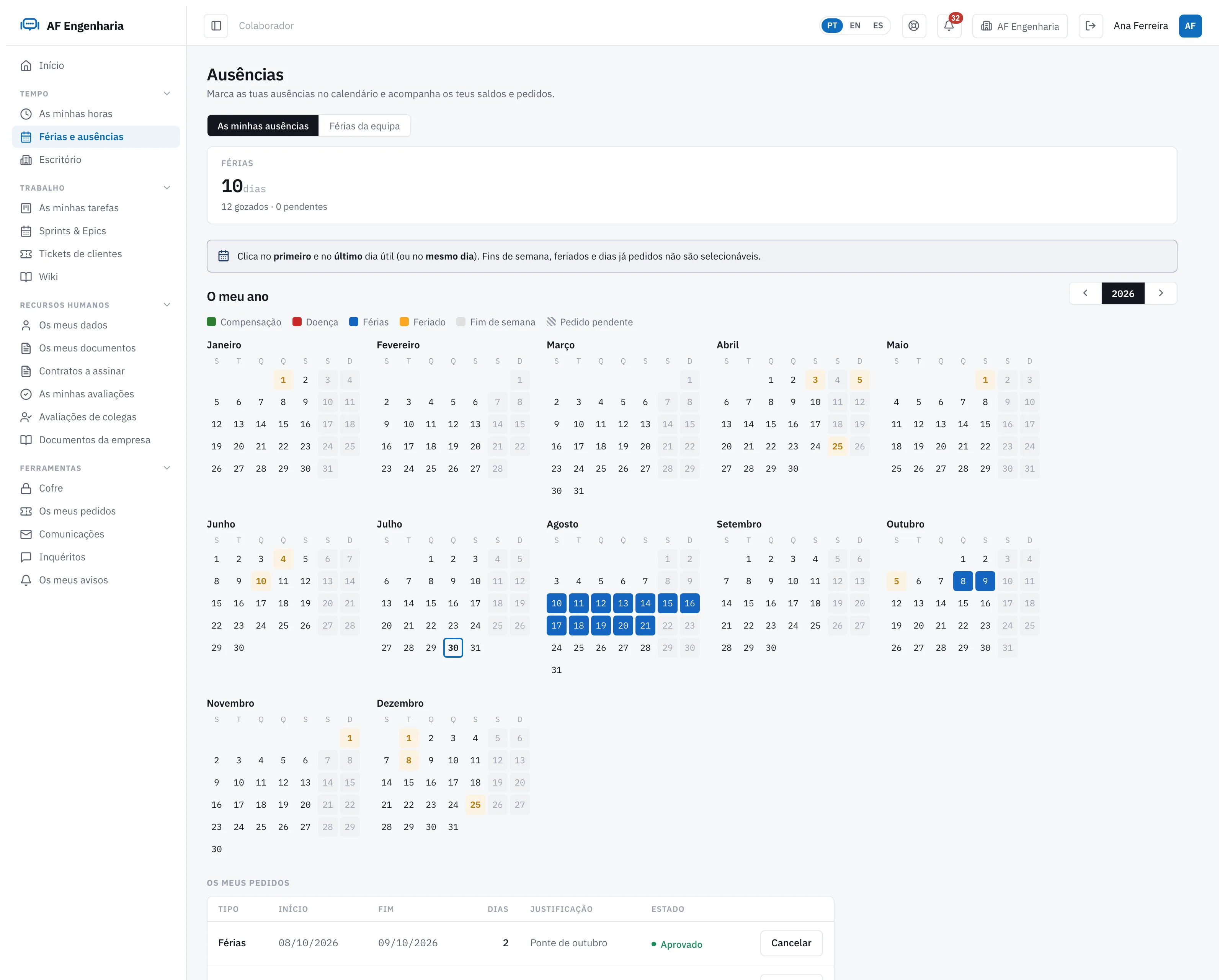 Calendário anual de férias e ausências