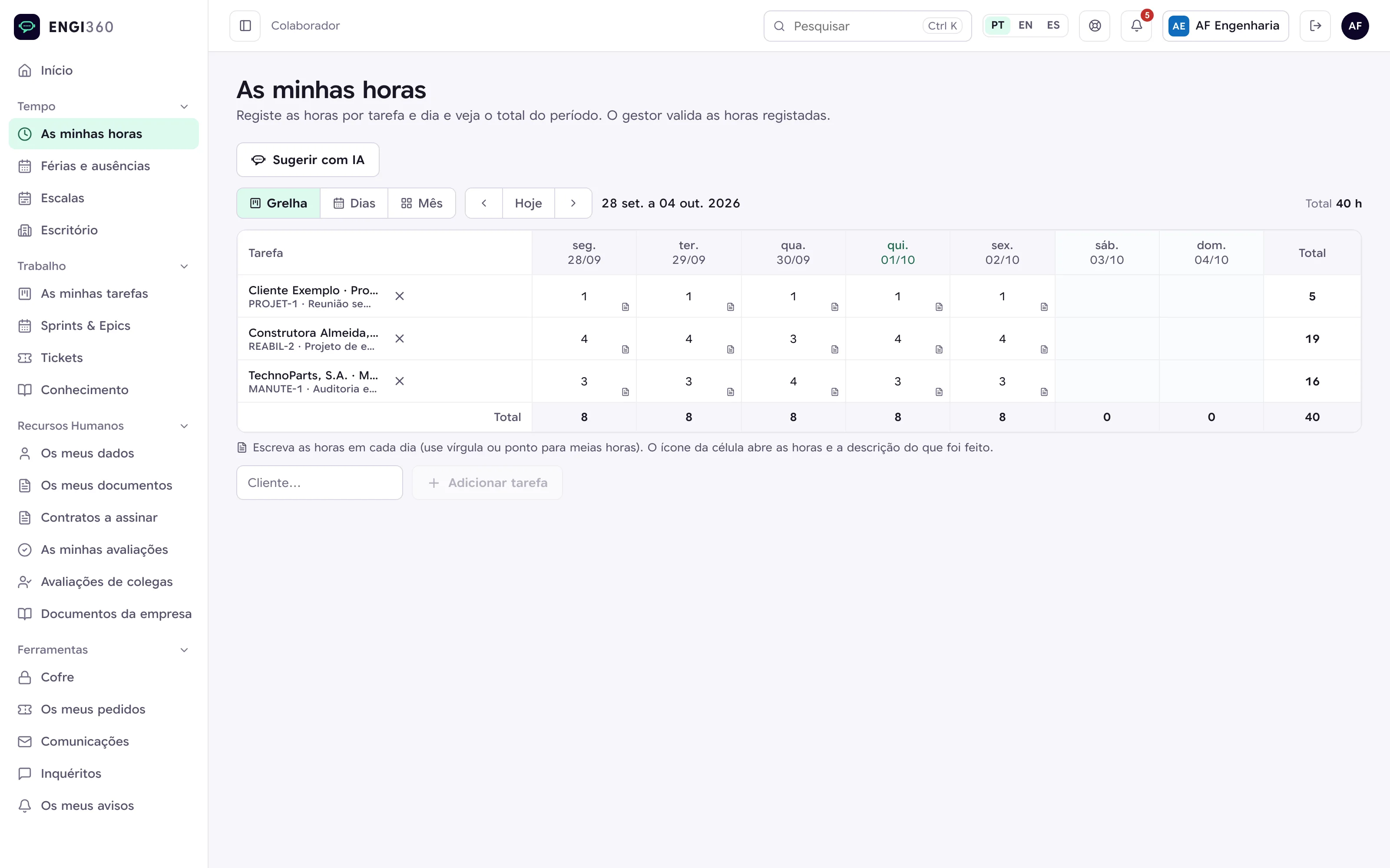 Timesheet semanal do colaborador no Engi360