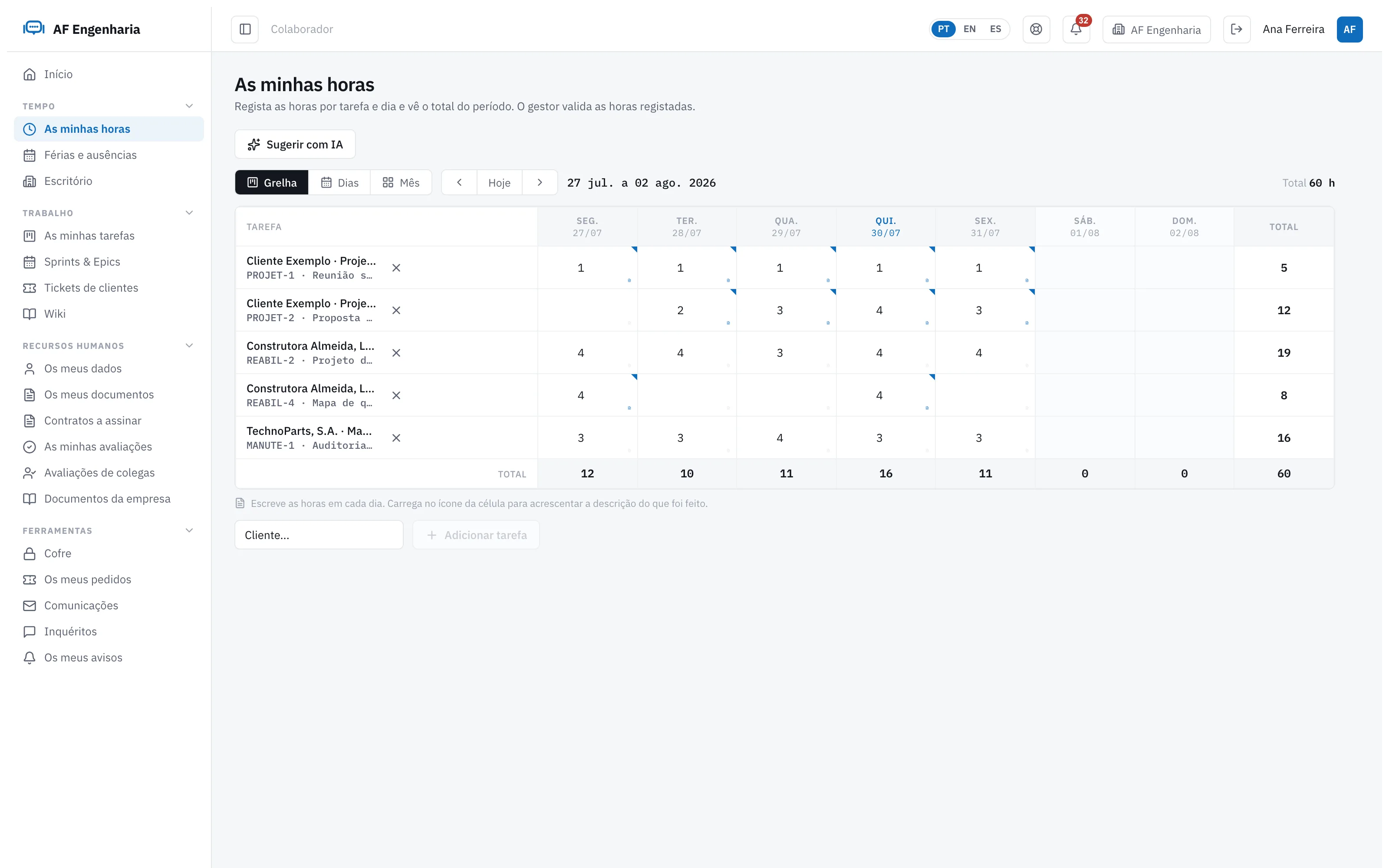 Timesheet semanal do colaborador no Engi360